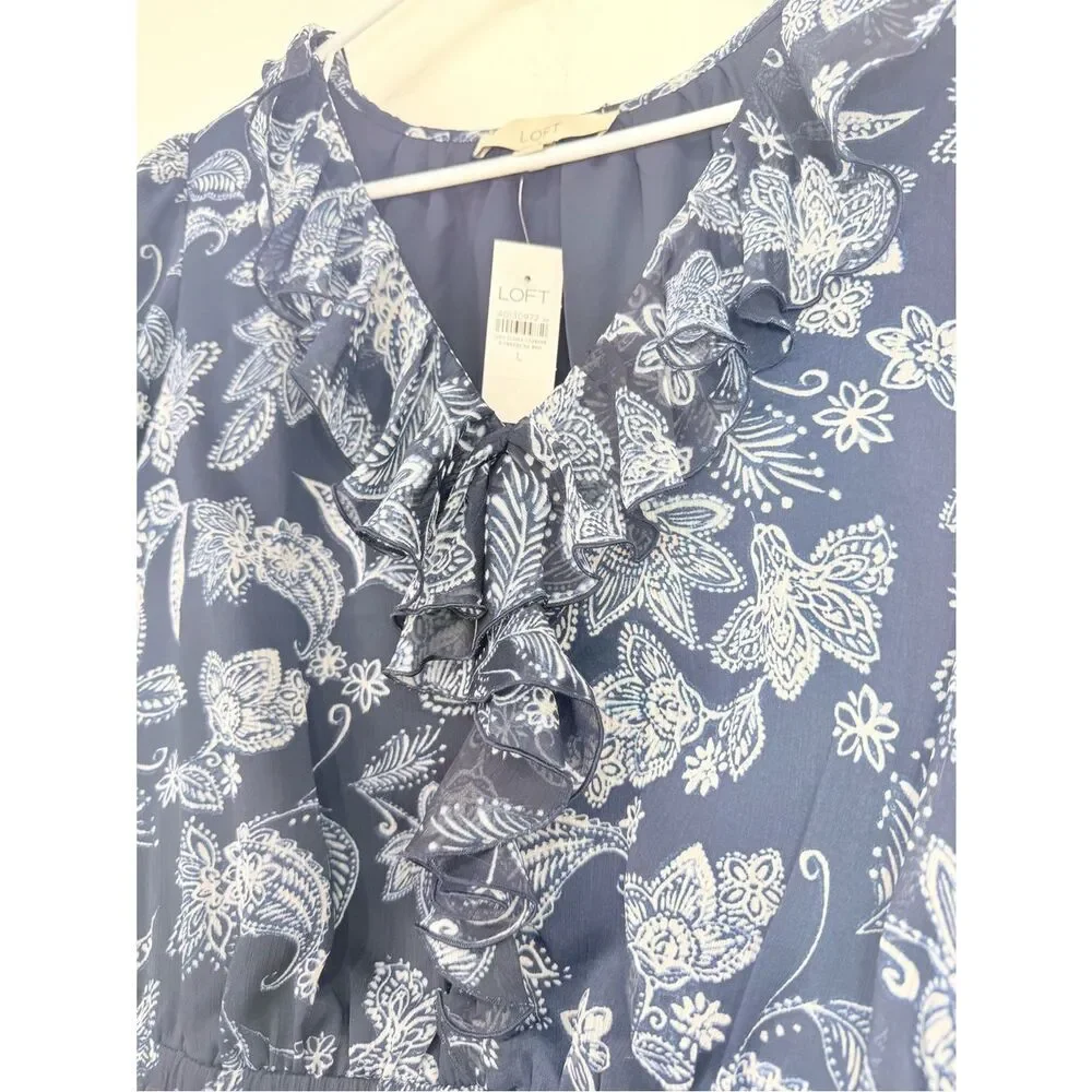 LOFT Blue White Floral Ruffle V Neck Peplum Hem Short Puff Sleeve Blouse NEW